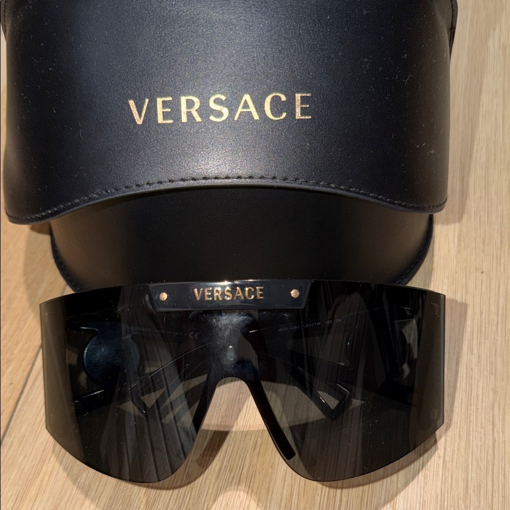 Versace Black Shield Sunglasses with Gold Logo